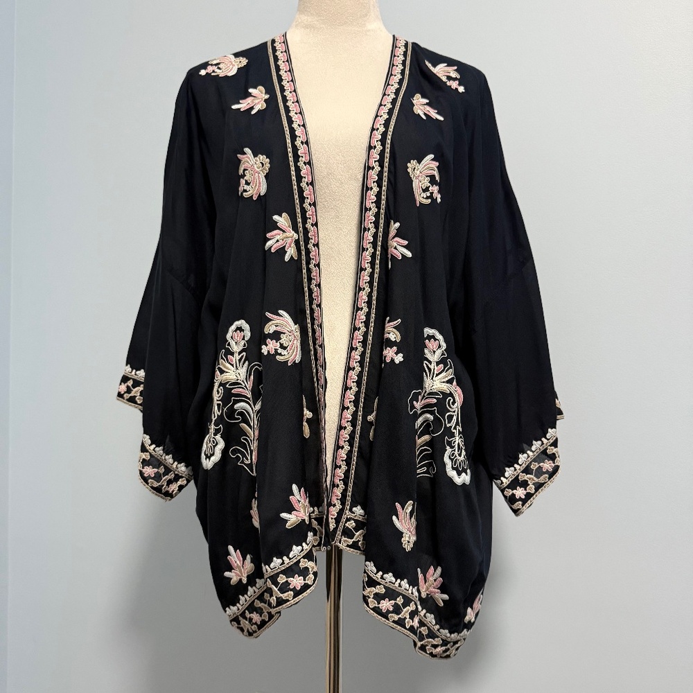J Jill Open‎ Front Embroidered Navy Cardigan Size S-L